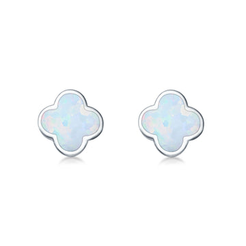 Clover Flower Stud Earring Lab Created White Opal 925 Sterling Silver (6.20mm)